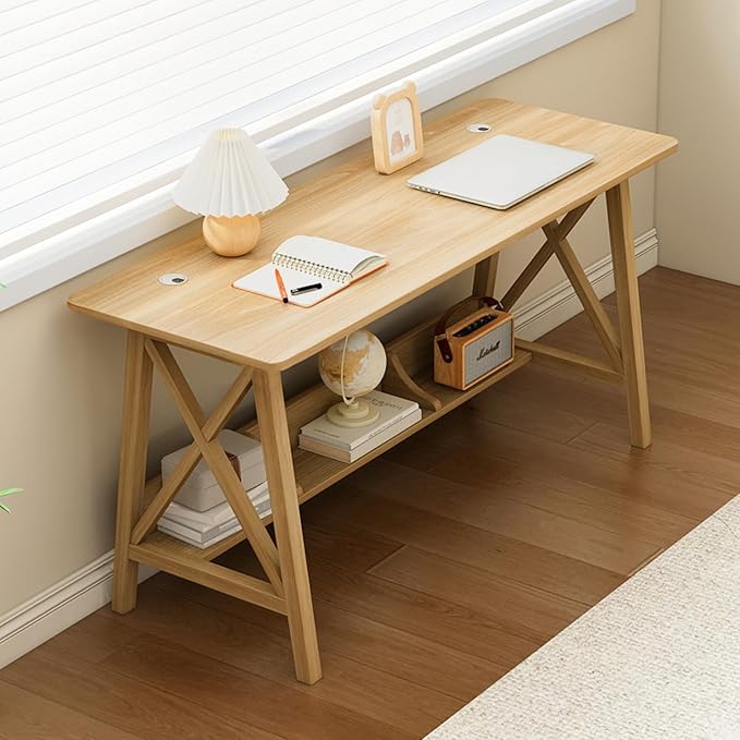 Extra Long Desk with Bookshelf - Wooden Home Office Work Study Table, Writing Computer Workstation with Storage Shelf in Oak, 47" Wx16 Dx30 H