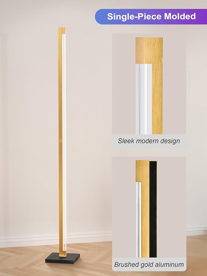 Gold Floor Lamp with Remote, Aluminum LED Corner Floor Lamp with Alexa, Smart Corner Lamp with DIY Music Sync and 16 Million Colors, 3000K and RGB CCT Standing Lamp for Bedroom Living Room