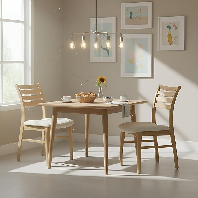 DUOMAY Farmhouse Dining Chairs Set of 2, Fur White Upholstered Side Chairs Solid Wood Ladder Back Kitchen Chairs for Home Dining Room, Light Browm Frame