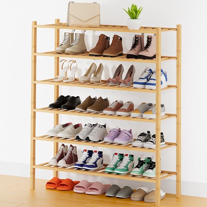 Smiry Shoe Rack, 6 Tier Thick Long Bamboo Shoe Organizer, Stackable Free Standing Wooden Shoe Storage Shelf for Closet, Entryway, Front Door Entrance, Natural