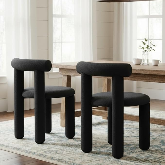 DUOMAY Modern Black Boucle Dining Chairs Set of 4, Sherpa Upholstered Kitchen Chairs Armless Barrel Back Dining Chair, Living Dining Room Chairs, Reception