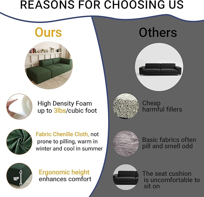 106" Sectional Compressed Sofa Modular Couches,High-Density Foam No Assembly Required,3-Piece(1xCorner 1xArmless 1xOttoman) for Living Room, Chenille Green