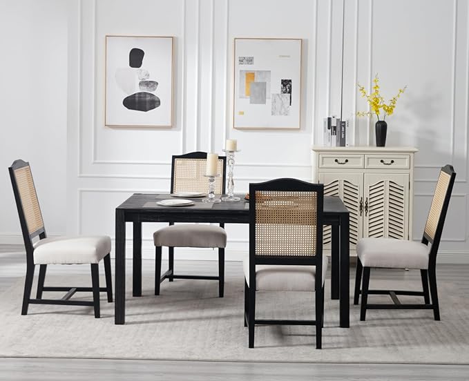 EALSON Mid Century Modern Dining Chairs Set of 4 Linen Upholstered Dining Room Chairs with Cane Back Black Wood Frame Side Chairs for Dining Room, Beige