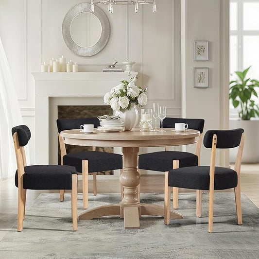 Dining Chairs Set of 4, Mid-Century Modern Wooden Kitchen Chairs with Linen Upholstery - Low-Back Woven Design for Kitchen & Dining Room，Black Fabric