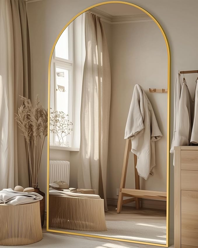 Full Length Mirror, 90"x46" Oversized Floor Mirror with Stand, Hanging or Leaning Full Body Mirrors Mirror for Bedroom, Living Room, Cloakroom, Arch, Gold