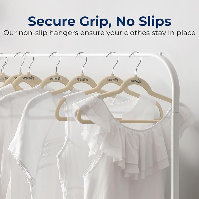 SereneLife 100 Pack Velvet Non-Slip Heavy Duty Adult Hangers – Ultra-Thin Space Saving Clothes Organizer with 360° Swivel Hook for Coats Shirts Dresses Closet Storage – Ivory