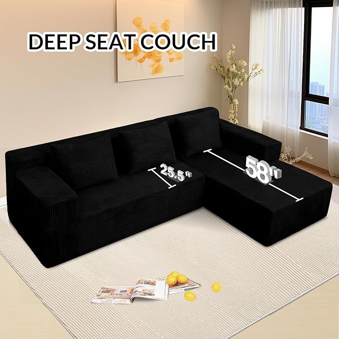 ANONER 103" Sectional Cloud Couch with L-Shape Chaise, Modular Sofa with Deep Seat, Free Combination Cloud Couches for Modern Minimalist Living Room Apartment, No Assembly Required, Black