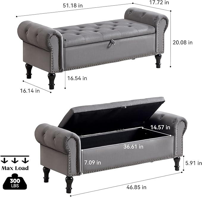 Storage Bench for Bedroom, 51" Upholstered End of Bed Bench, Velvet Queen Size Benches with Rolled Arms, Tufted Button Storage Long Ottoman, Living Room, Entryway, Grey