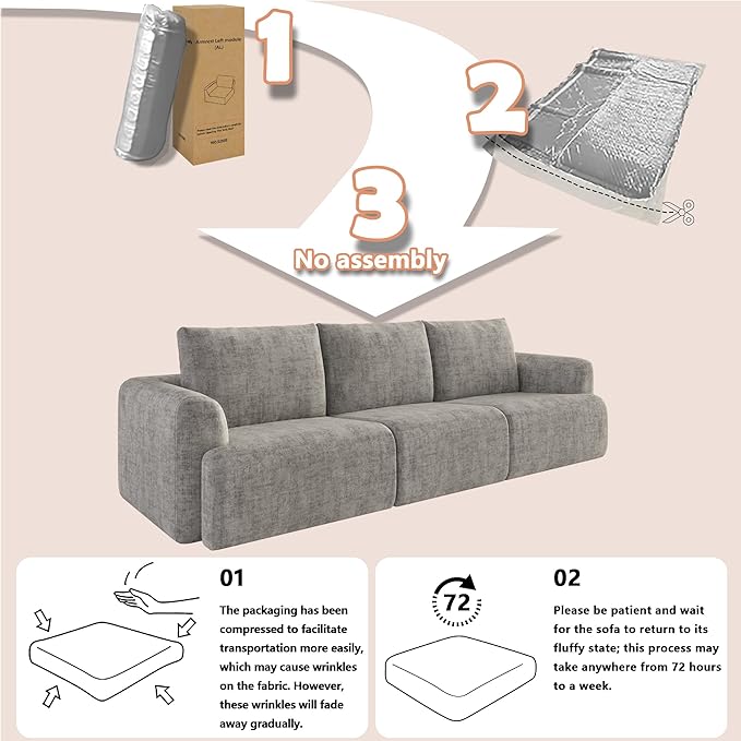 EASE MOOSE Boneless Couch for Living Room, Sectional Cloud Sofa, Modular Cloud Couch, 3-Seater Deep Seat Sofas with Pillow for Bedroom, Apartment, No Assembly Required, Chenille (Light Grey)