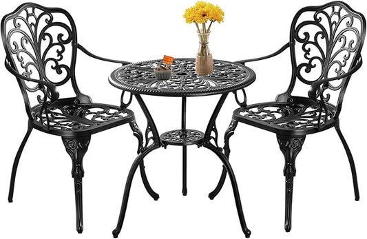 Outdoor Bistro Table and Chairs Set of 2, Outdoor Bistro Set 3 Piece with Umbrella Hole, Black Patio Bistro Sets Cast Aluminum for Balcony Porch Yard