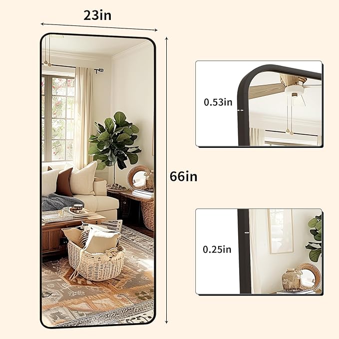 Full Length Mirror 23"x66", Large Floor Mirror with Rectangle Rounded Corners, Gold Aluminum Alloy Frame, Wall Mirror for Full Body