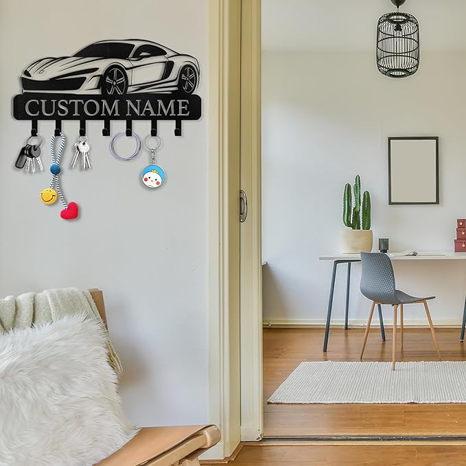 Personalized Key Holder Wall Mount - Custom Key Rack Wall Mount with Hooks, Metal Key Rack Organizer, Car Design Key Hanger, Coat Rack, Wall Mounted Decor for Entryway, Front Door, Office