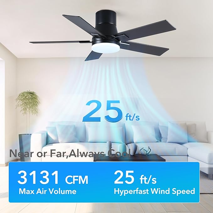 Rayqueen 42 Inch Ceiling Fans with Lights and Remote, Flush Mount Black Ceiling Fan, 6 Speed Reversible DC Motor, 3CCT Dimmable LED-Low Profile Design for Bedroom, Living room & Covered Outdoor
