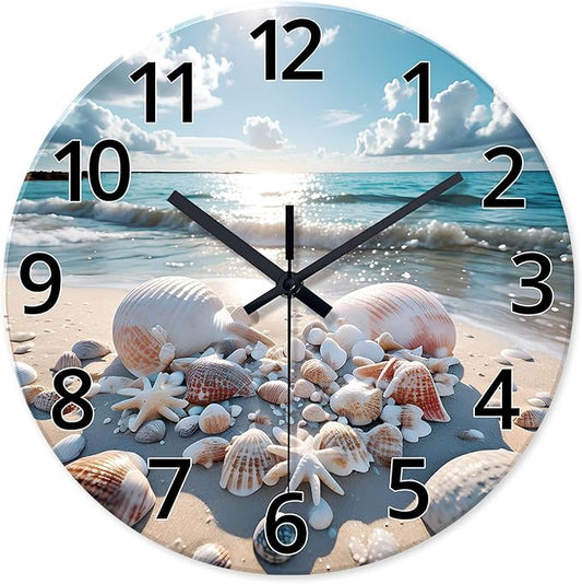 XNM 16 Inch Large Wall Clocks Battery Operated Coastal Shell Glass Clocks for Living Room Decor Blue Silent Wall Clock No Ticking