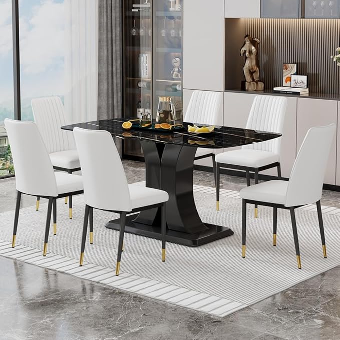 Modern Dining Table Set for 6, Marble Kitchen Table Chair Set for 6, Rectangular Kitchen Table with 6 Pu Leather Upholstered Chair for Dining Room