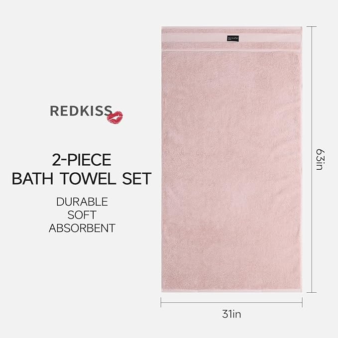 REDKISS 2 Pack Large Bath Towels Set, 100% Cotton, 31x63 in, Heavyweight 760G, Highly Absorbent & Quick Dry, Super Soft Luxury Towels for Bathroom,Hotel Collection - Pink