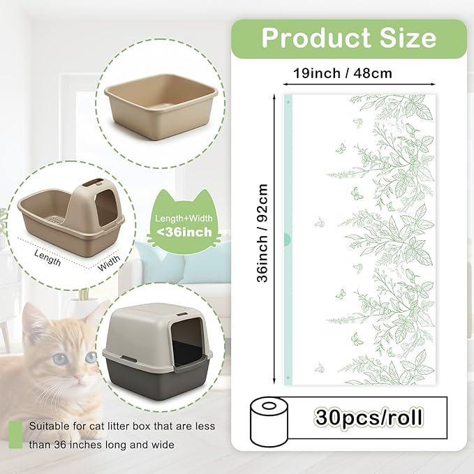 Bienbee Litter Box Liners, 30 Pack 36" x 19" Large Size Cat Litter Bags Extra Thick Cat Box Liners Easy Cleanup Tear Resistant Heavy Duty Cats Litters Pan Liner with Drawstring Pet Cats Supplies