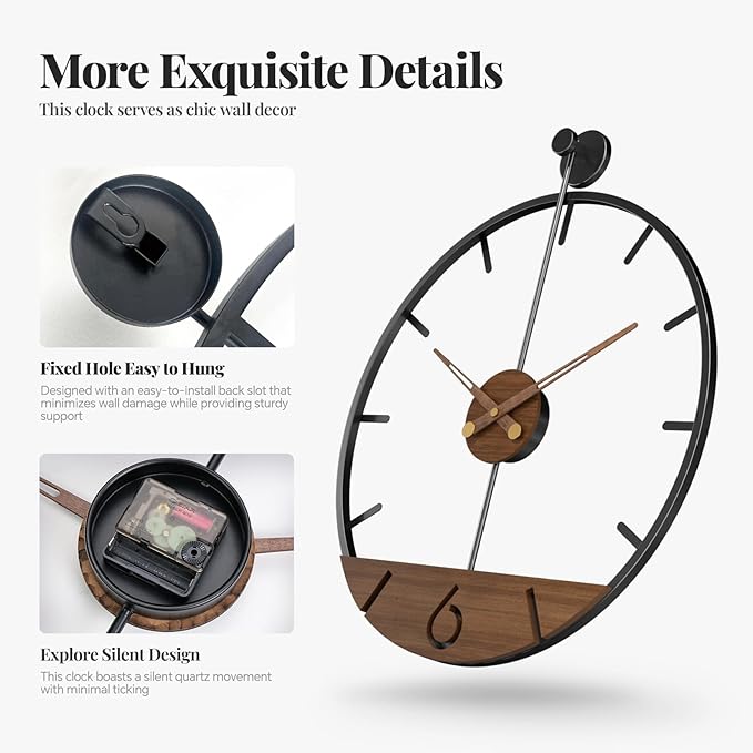 Cuspin Extra Large Wall Clock 36 Inch Modern Black Metal Clock with Walnut Wood Dial, Silent Non-Ticking Oversized Decorative Battery Powered Big Clock for Living Room, Kitchen, Office, Bedroom