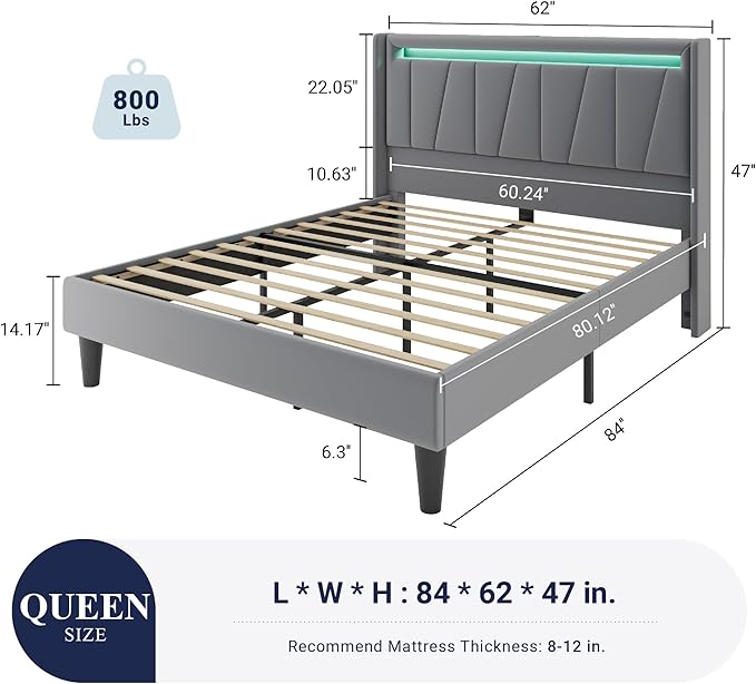 Allewie Queen Size LED Bed Frame with Charging Station, Velvet Upholstered Platform Bed with Geometric Wingback Headboard, Modern Frame with No Box Spring Needed, Easy Assembly, Grey