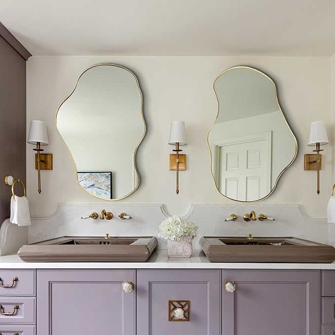 Irregular Mirror, 30"x20" Asymmetrical Mirror with Gold Metal Frame, Modern Funky Odd Shaped Mirrors, Abstract Wall Mirrors for Living Room Bathroom Bedroom Hallway Entryway Fireplace