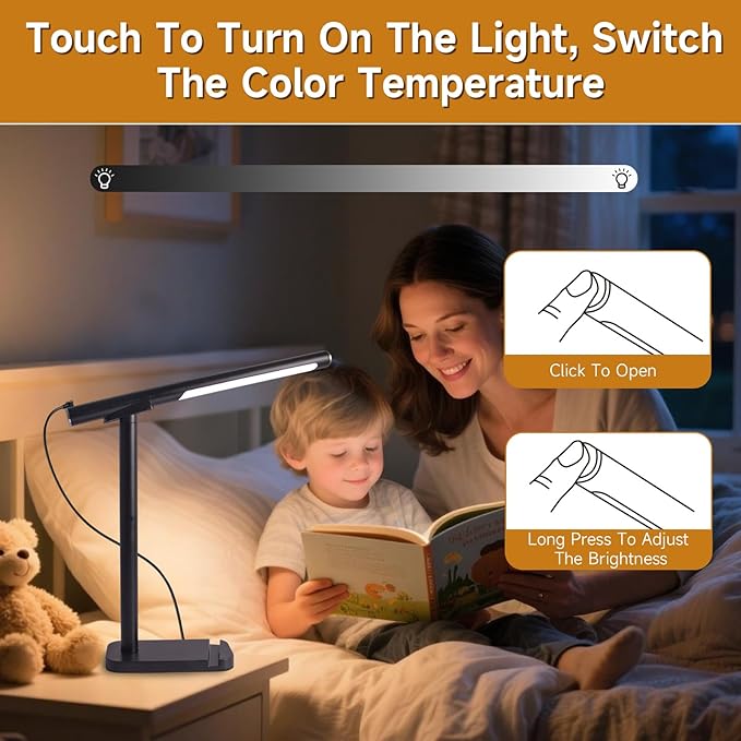 Magnetic Led Desk Lamp: 2 in 1 Magnetic Reading Lamp with USB Charging Port for Home Bedroom Office Study | Dorm Desk Lamp with 3500-6500k Touch Control Dimming | 5 Brightness Levels | Black