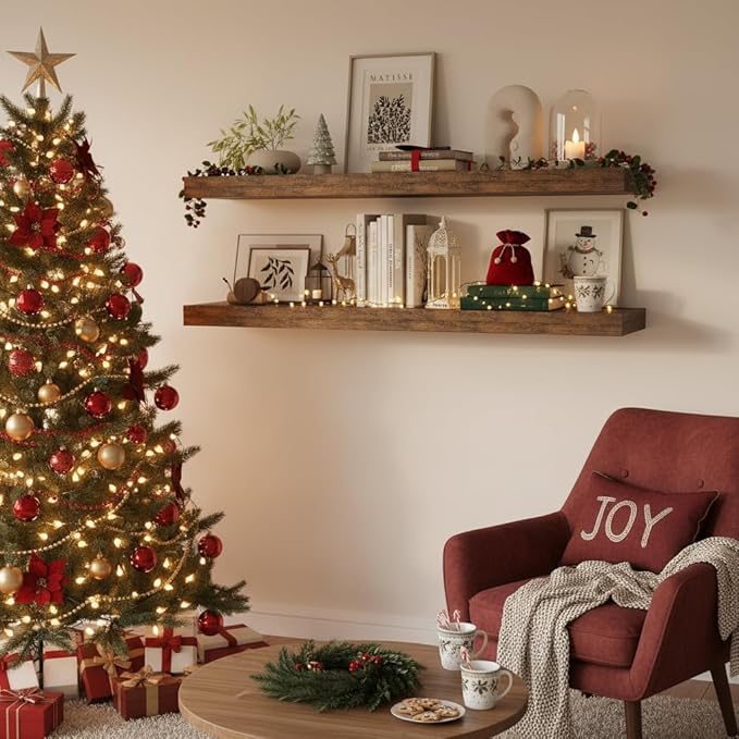 Vivelove 12" Deep Floating Shelves for Wall 36" Long, Wall Shelves for Bedroom Living Room Bathroom Kitchen Laundry Room, Farmhouse Rustic Shelves for Home Decor, 36" X 12" X 2" Set Of 2, Rustic Brown