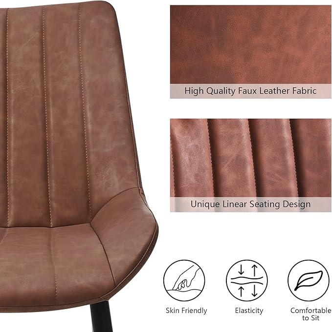 Dining Chairs Set of 2, Faux Leather Modern Linear Design Dining Chair with Metal Legs, 16.9" Seat Width Chair for Kitchen, Lounge, Reception Room, Restaurant, Commercial (Brown)