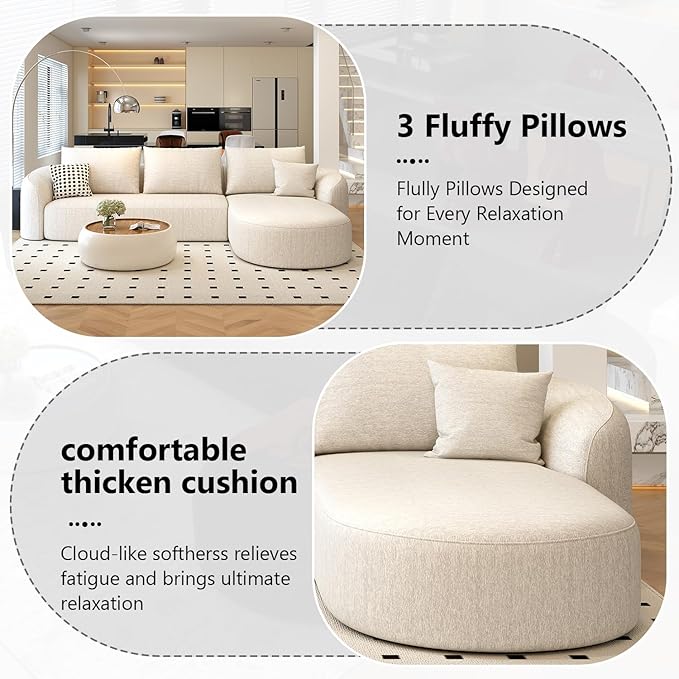 111" Modular Sectional Couches Luxury Modern Curved Back Sofa,Minimalist Comfy L-Shape Boneless Cloud Couch for Living Room Apartment,(Right Facing Chaise,White)
