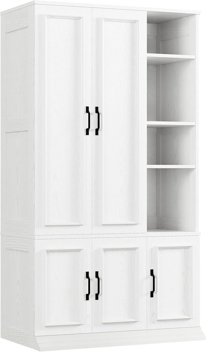 LIKIMIO Armoire Wardrobe Closet 70" H, 5 Doors Bedroom Wooden Wardrobe with 4 Storage Shelves and Hanging Rod, Clothing Storage Cabinet Organizer Combination, White
