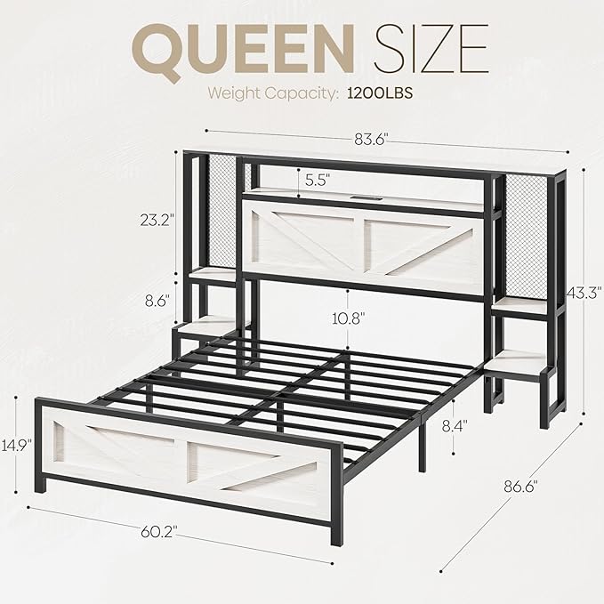 Queen Size Rustic Bed Frame with Storage Born Door Headboard and Bedside Storage, Industrial Farmhouse Metal Platform Bed Frame with Charging Station and LED Lights, White