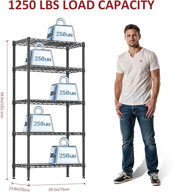 IZEUK 5-Tier Black Metal Storage Shelves, Heavy Duty Wire Shelving Unit for Home, Kitchen, Office, or Garage Organization, 1250 lbs Capacity, 13.8" D x 29.5" W x 59.5" H