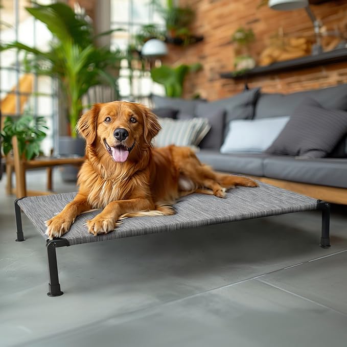 Veehoo Heavy Duty Elevated Dog Bed - Raised With Washable & Breathable Teslin Mesh, Non-Slip Silicon Feet, Cooling Cot for Indoor or Outdoor, 35" x 22", Black Silver, CWC2432