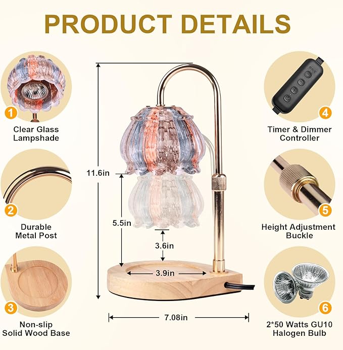 Candle Warmer Lamp with Timer, Adjustable Height Dimmable Candle Warmer Light, Gift for Women Glass Shade Electric Jar Candle Warming Lantern,Home Decor Cozy House Warming Gifts, White Orange