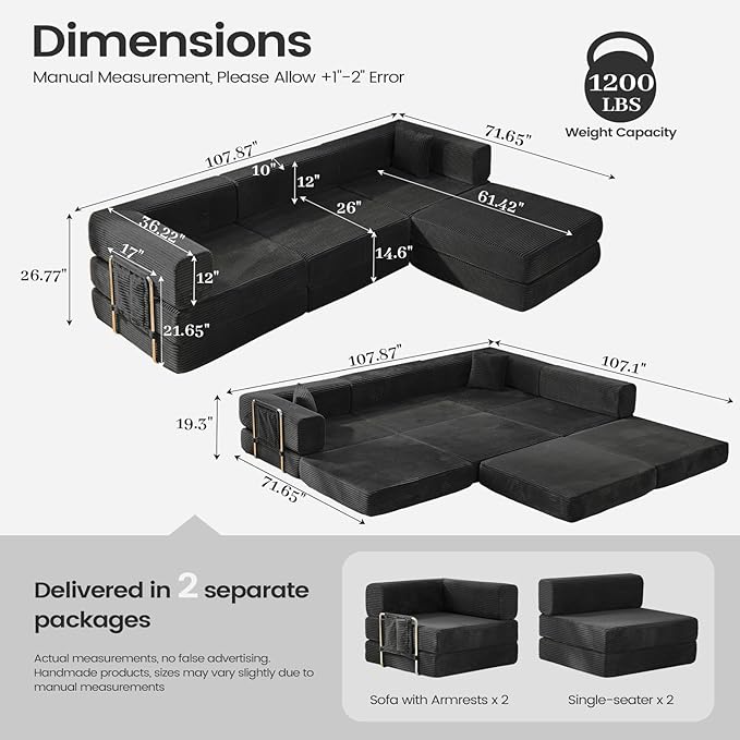 Folding Sofa Bed Convertable Corduroy Couch King Size Floor Sleeper 4-in-1 DIY Combination Modular Sofa Fold Out Futon Lounge Comfy Foldable Lazy cama for Living Room (Black)