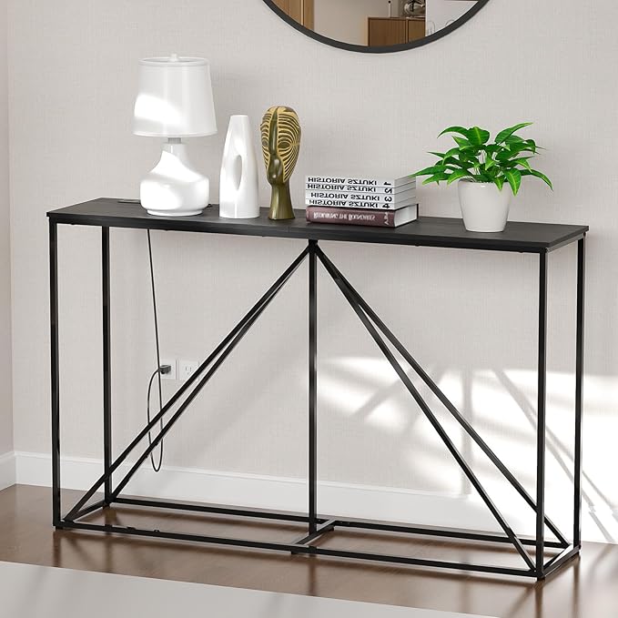 Console Table, 51" W × 12" D × 31.5" H Sofa Table Behind Couch, Entryway Table with Electrical Outlet & USB Ports, Industrial Pyramid Metal Base Console Table for Entryway, Black Wood