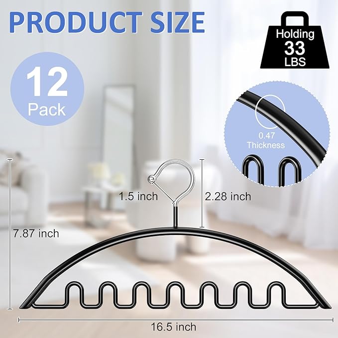 Clothes Hangers 12 Pack, Sweater Hangers No Shoulder Bump Metal Non Slip Heavy Duty Coat Hangers for Closet Organizers and Storage Space Saving Shirt Hanger for Suits Dresses Jackets Bra Shirt Black