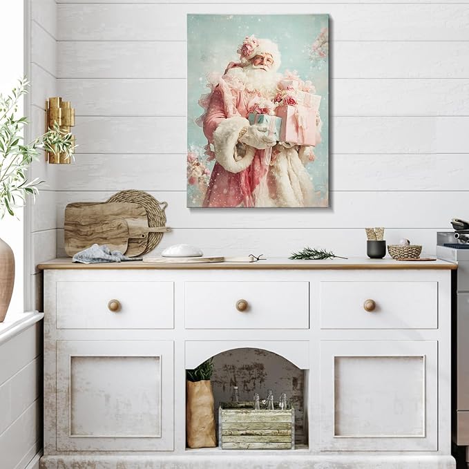 Pink Santa Christmas Canvas Wall Art - Elegant Winter Decor Framed Print for Girls Bedroom, Vintage Christmas Wall Art with Glitter Accents, Ready-to-Hang Christmas Gifts for Women