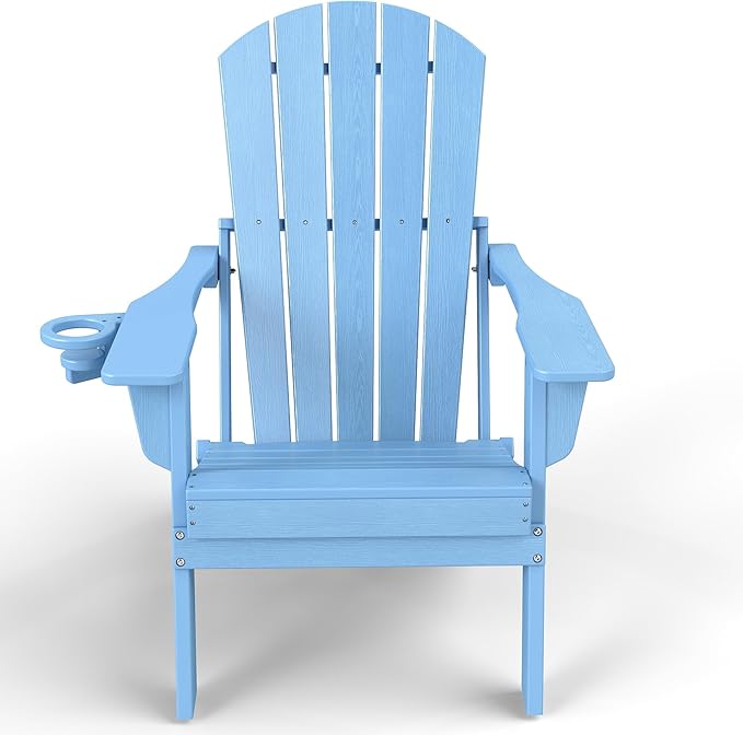 Plawdlik Folding Adirondack Chair with Cup Holder,SGS Tested,Heavy All-Weather,Wooden Textured,HDPE Outdoor Chairs for Patio Backyard Fire Pit, Light Blue