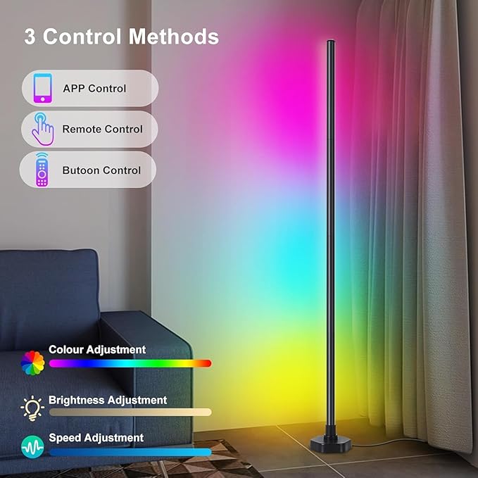 Corner Floor Lamp RGBW, LED Floor Lamp with APP, IF Remote Control, Music Sync, Timer and 16 Million DIY Colors, Smart Corner Light for Gaming Rooms Bedrooms