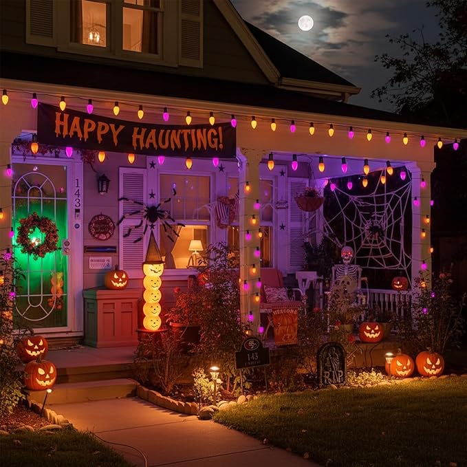 Halloween Purple Orange String Lights Outdoor 25Ft, 25 C7 LED Purple Orange Bulbs with 2 Spare, Connectable Waterproof Patio Porch Yard Fence Pathway Lights for Haunted House Party Decorations