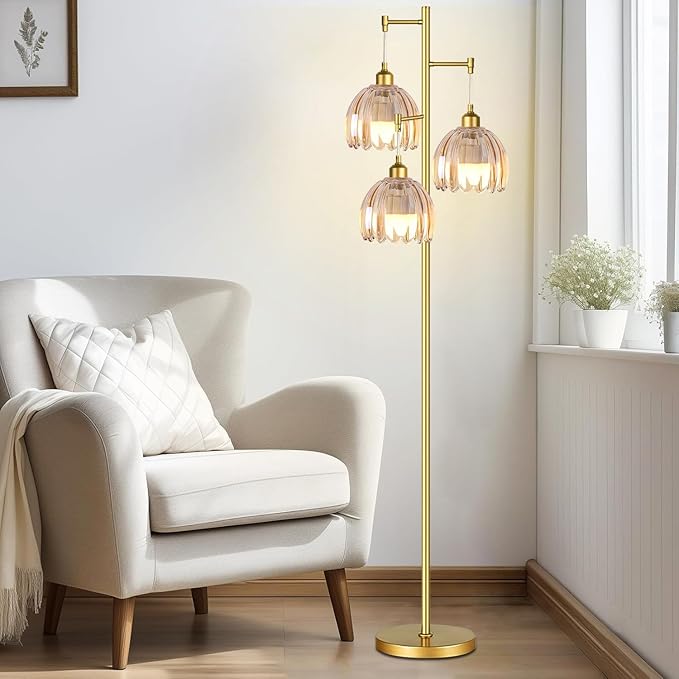Modern Floor Lamp for Living Room Bedroom-3 Light Gold Floor Lamp with Glass Lampshape, Flower Tall Lamp Glass Standing Lamp Tree Floor Lamps for Living Room Bedroom,Corner
