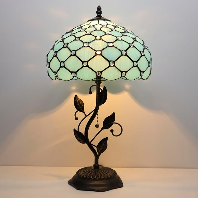 Tiffany Lamp Stained Glass Table Lamp Desk Bedside Reading Light 12X12X19 Inches with Metal Leaf Base(Sea Blue Beads)