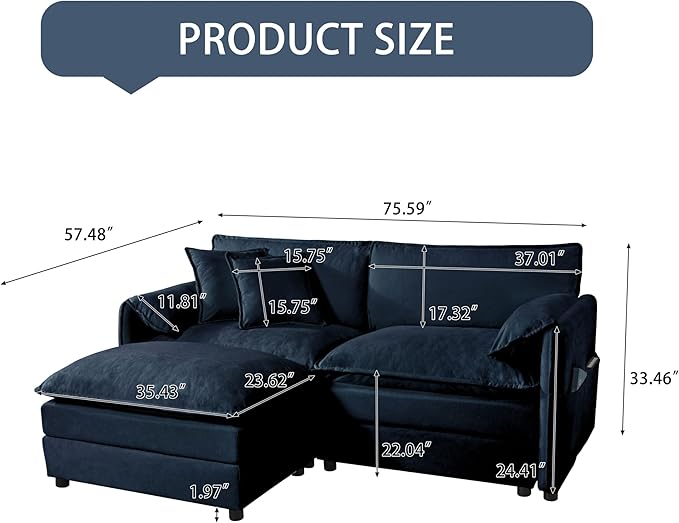 Loveseat Deep Seat Sectional Sofa Cloud Couch, Modern Chenille Comfy Upholstered Modular L Shaped Couch for Living Room, Apartment, Office (Blue, 75.59 Inch-L Shape)