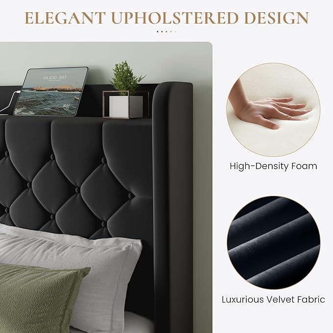 SHA CERLIN King Size Platform Bed Frame with Charging Station, Velvet Wingback Headboard with Storage Shelf, Wooden Slats Support, Ample Under-Bed Space, No Box Spring Needed, Easy Assembly, Black