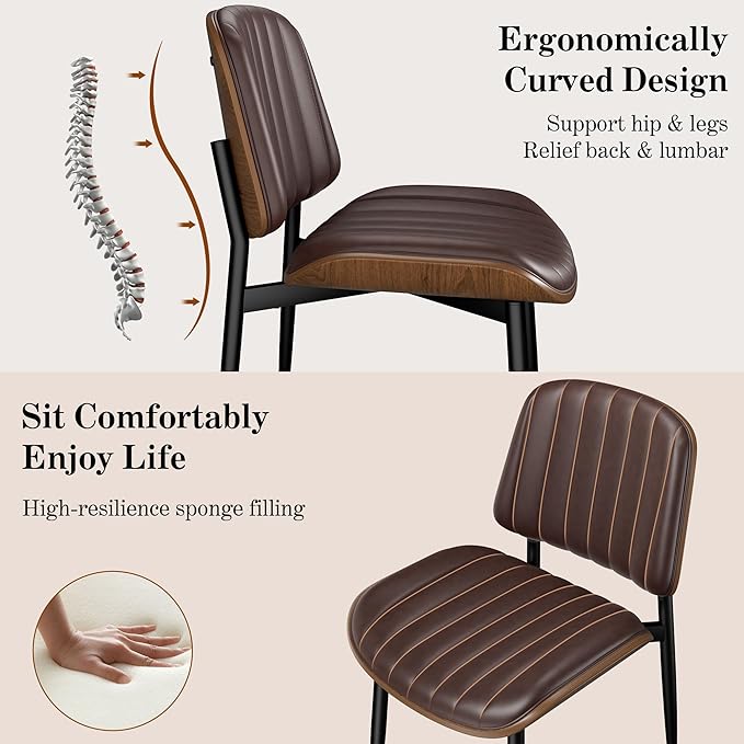 Dining Chairs Set of 6, Mid-Century Modern Upholstered PU Leather Chairs with Walnut Bentwood Back and Metal Legs Adjustable Feet for Kitchen Dining Living Room, Dark Brown Vertical Stripes