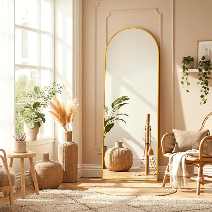 Arched Full Length Mirror, 64"×21" Large Mirror, Mirrors Full Length for Home Wall Decor, Floor Length Mirrors with Stand for Bedroom Room Décor, Gold