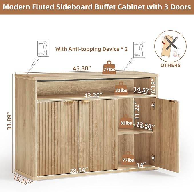 LEYAOYAO Buffet Cabinet with Storage, 45" Wide Fluted Accent Sideboard Credenza with 3 Doors & Open Storage Shelf, Modern Kitchen Wood Media Console Cabinet for Dining Room, Entryway, Natural Oak