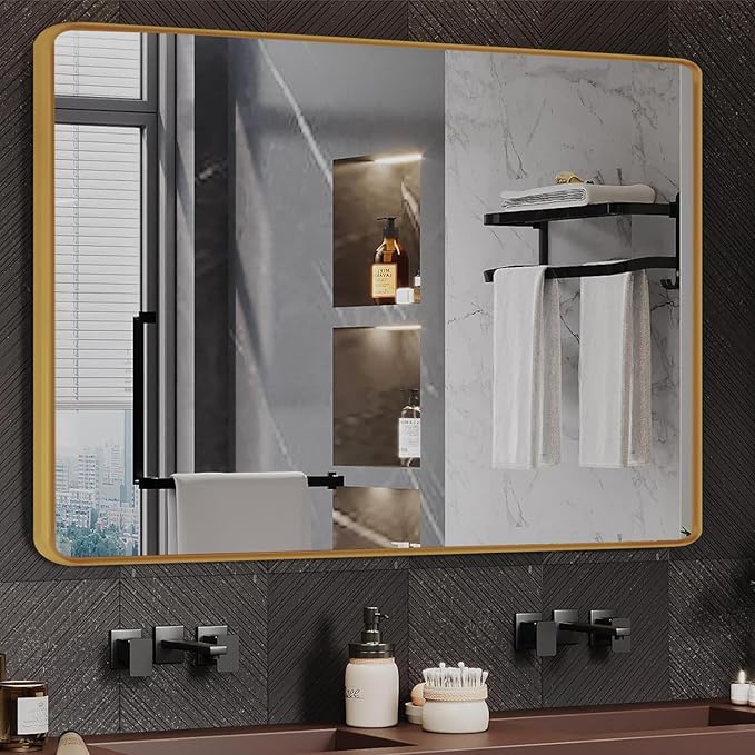 Gold Framed Mirrors for Bathroom,48 x 30 Inch Rounded Conner Rectangle Mirror for Wall, Matte Gold Vanity Mirror with Tempered Glass,Anti-Rust,Hangs Horizontally or Vertically