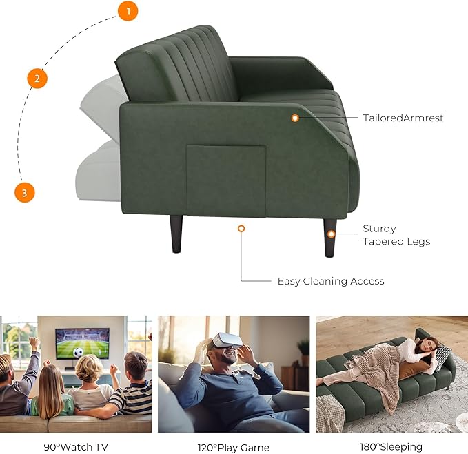 Fadware Faux Leather Couch, Convertible Futon Sofa Bed with Adjustable Backrest, Mid Century Leather Sofa Loveseat with Side Pockets& Metal Leg, Modern Leather Sleeper Sofa for Living Room Bedroom