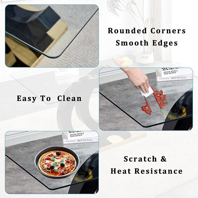 gopop 63'' Glass Dining Table, Modern Kitchen Table, Clear Glass Dining Table with Black Unique Design Leg and Gold Metal Base.(Only Table)